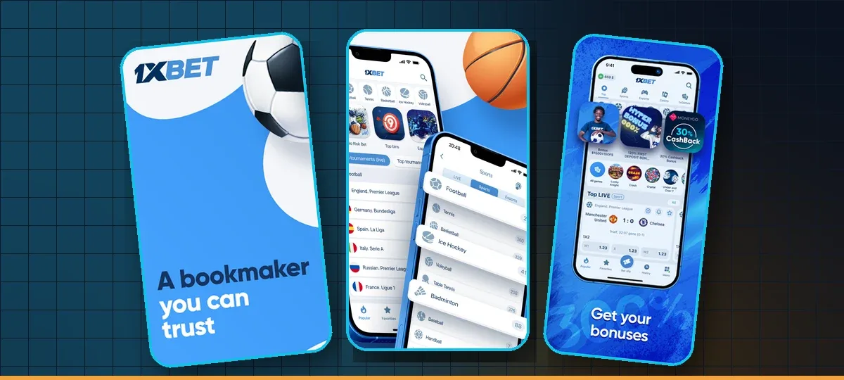 1xBet app screens: home, sports lobby and bonuses