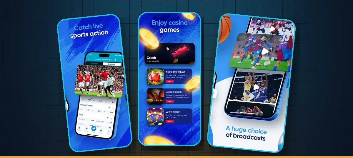 1xBet app screens: live sports, casino games and broadcasts