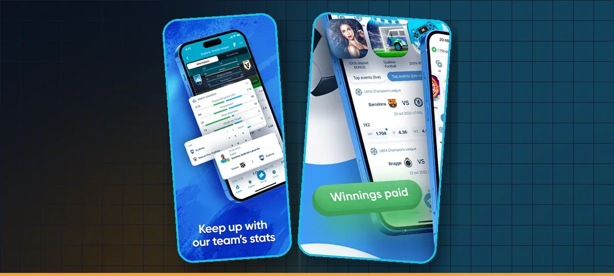 1xBet app screens: match statistics and settled bets